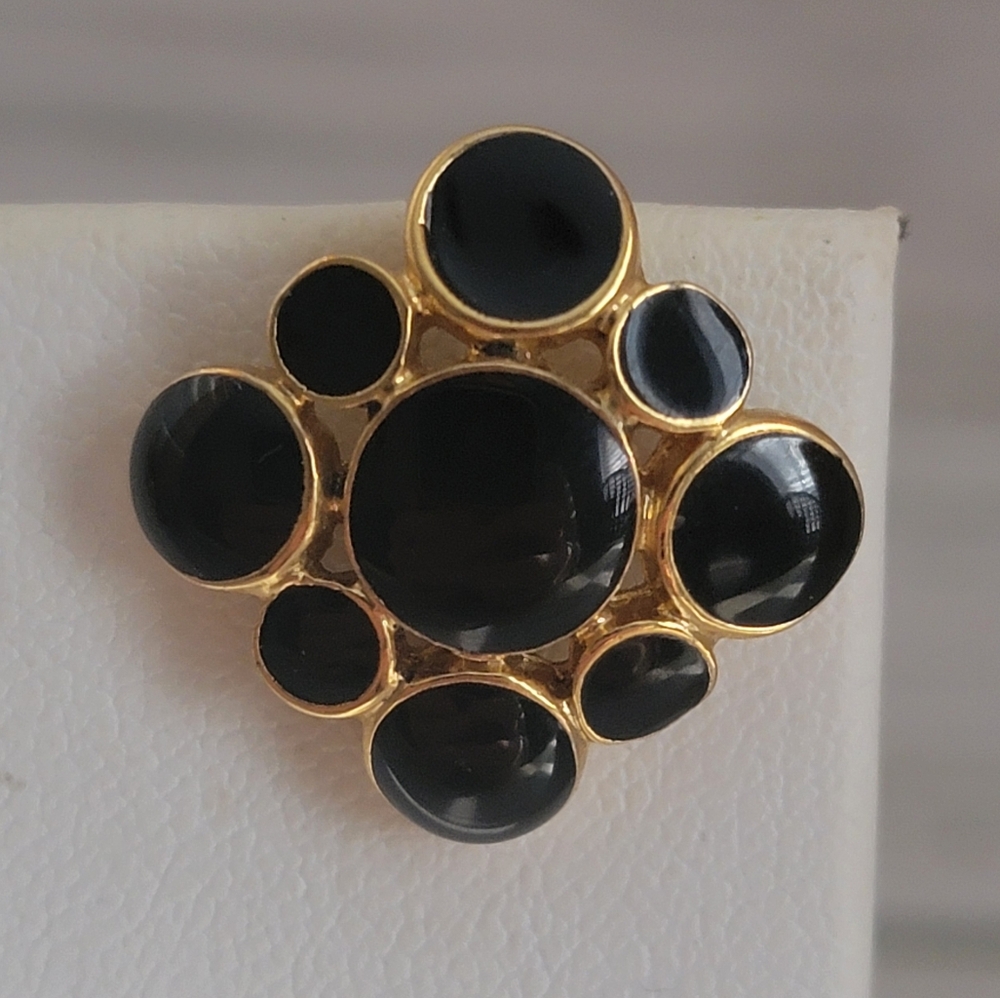 Vintage Napier Black Cabochon Cluster Gold Tone Pierced Statement Earrings